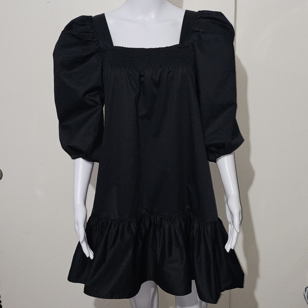 H&M Black ¾ Puff Sleeves, Ruffle Around Bottom Of Mini Dress Size Small New